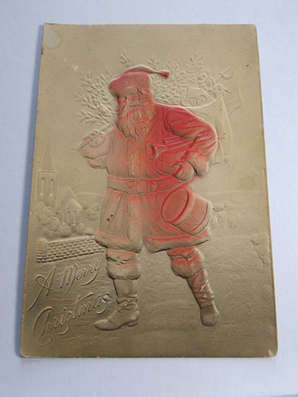 1907 Embossed Santa Claus Christmas Postcard Village Scene Drum Horn Airbrushed